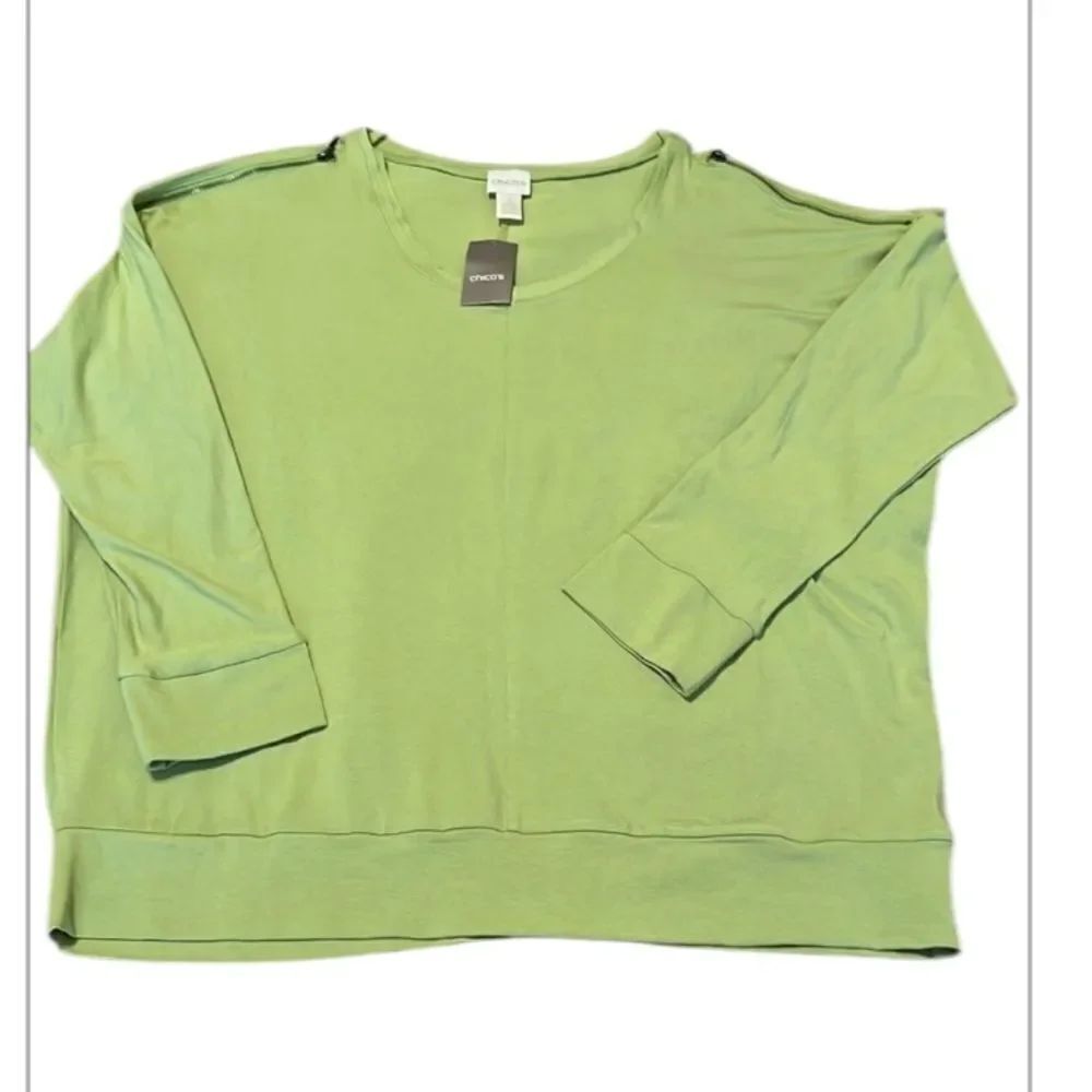 NWT Chicos 3/XL raglan sleeve zipper shoulder raw neck detail green T-shirt